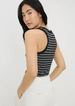 White Ribbed Stripe High Neck Racer Back Vest Top
