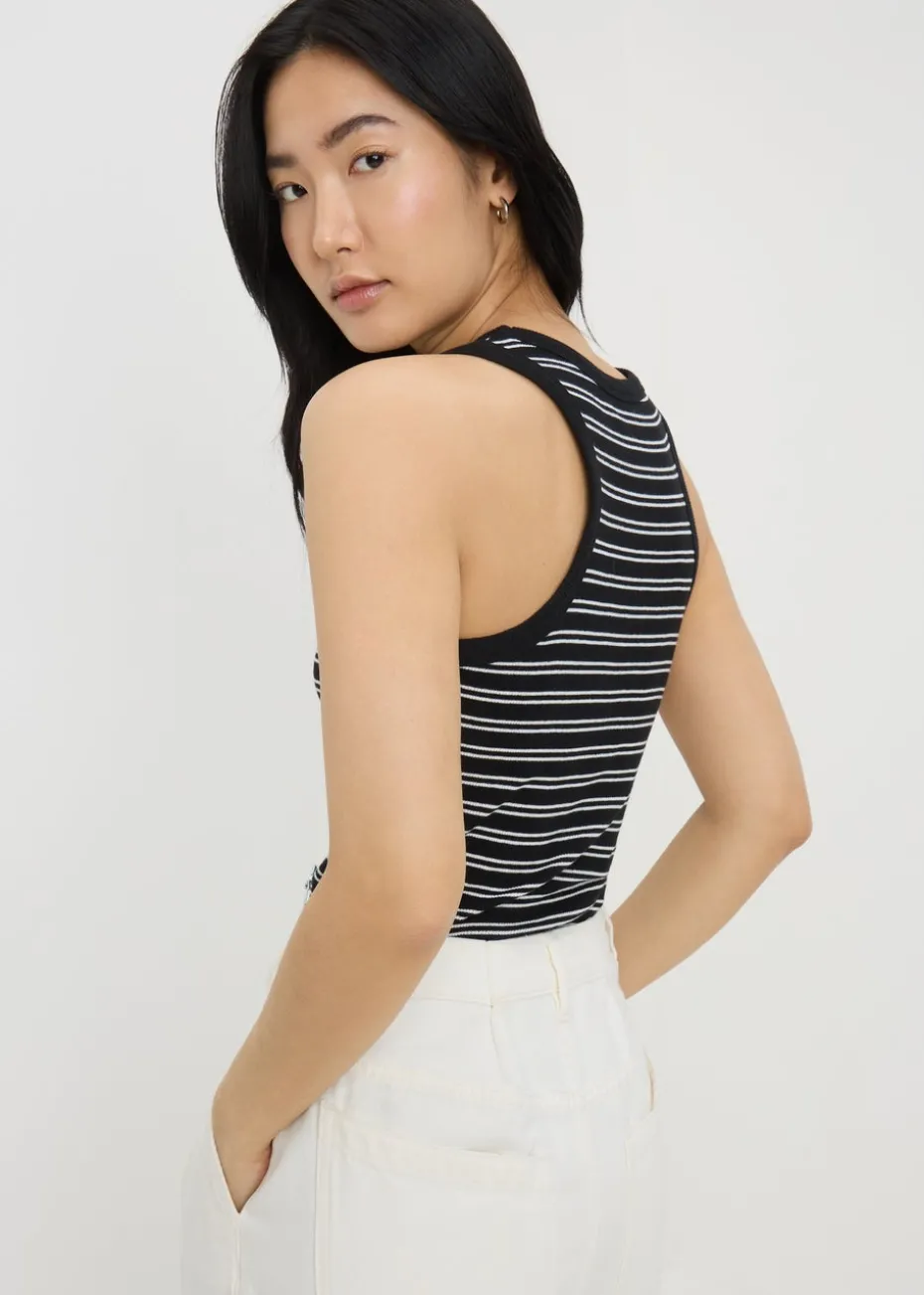 White Ribbed Stripe High Neck Racer Back Vest Top