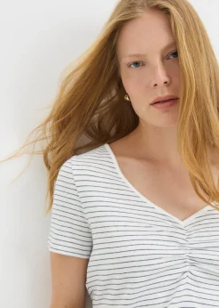 White Stripe Ruched Front T-Shirt