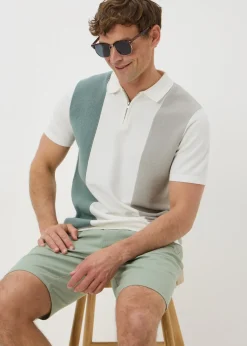 White Stripe Textured Zip Polo Shirt