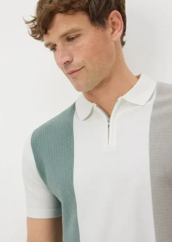 White Stripe Textured Zip Polo Shirt
