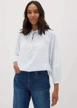 White Textured Tie Neck Blouse