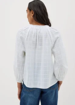 White Textured Tie Neck Blouse
