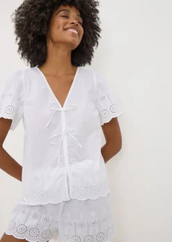 White Tie Front Broderie Pyjama Set