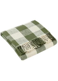 Yard Dark Green Chesil Check Tasselled 100% Cotton  Throw