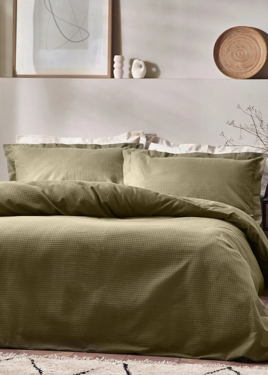 Yard Waffle Textured 100% Cotton Duvet Cover Set Olive