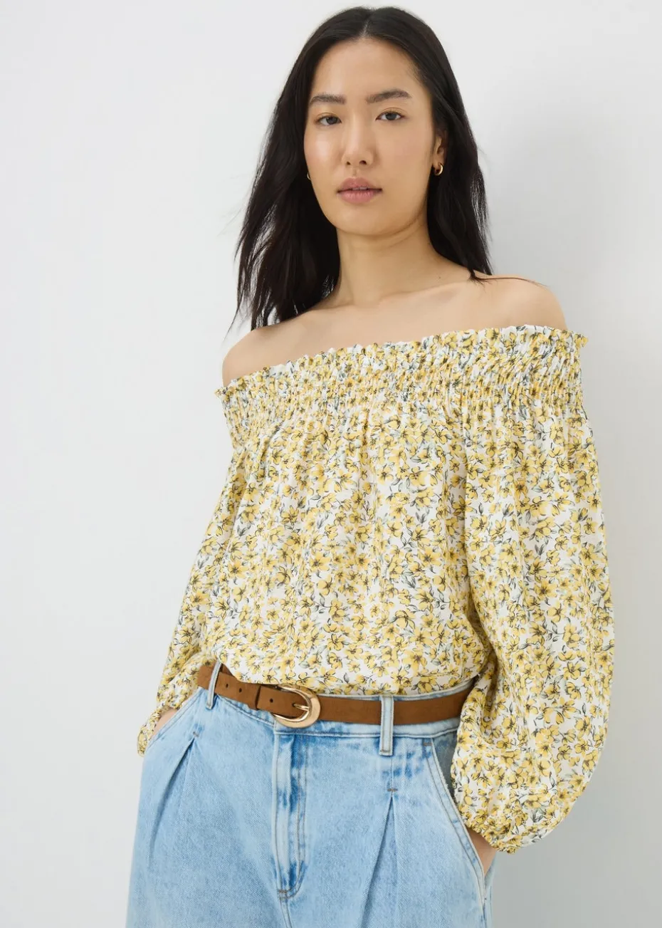 Yellow Ditsy Floral Shirred Bardot Top