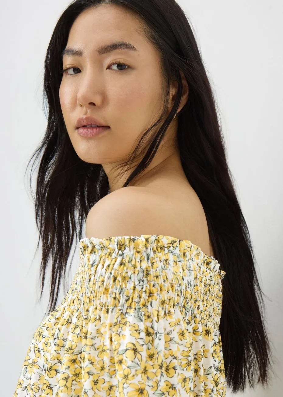 Yellow Ditsy Floral Shirred Bardot Top