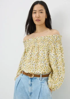 Yellow Ditsy Floral Shirred Bardot Top