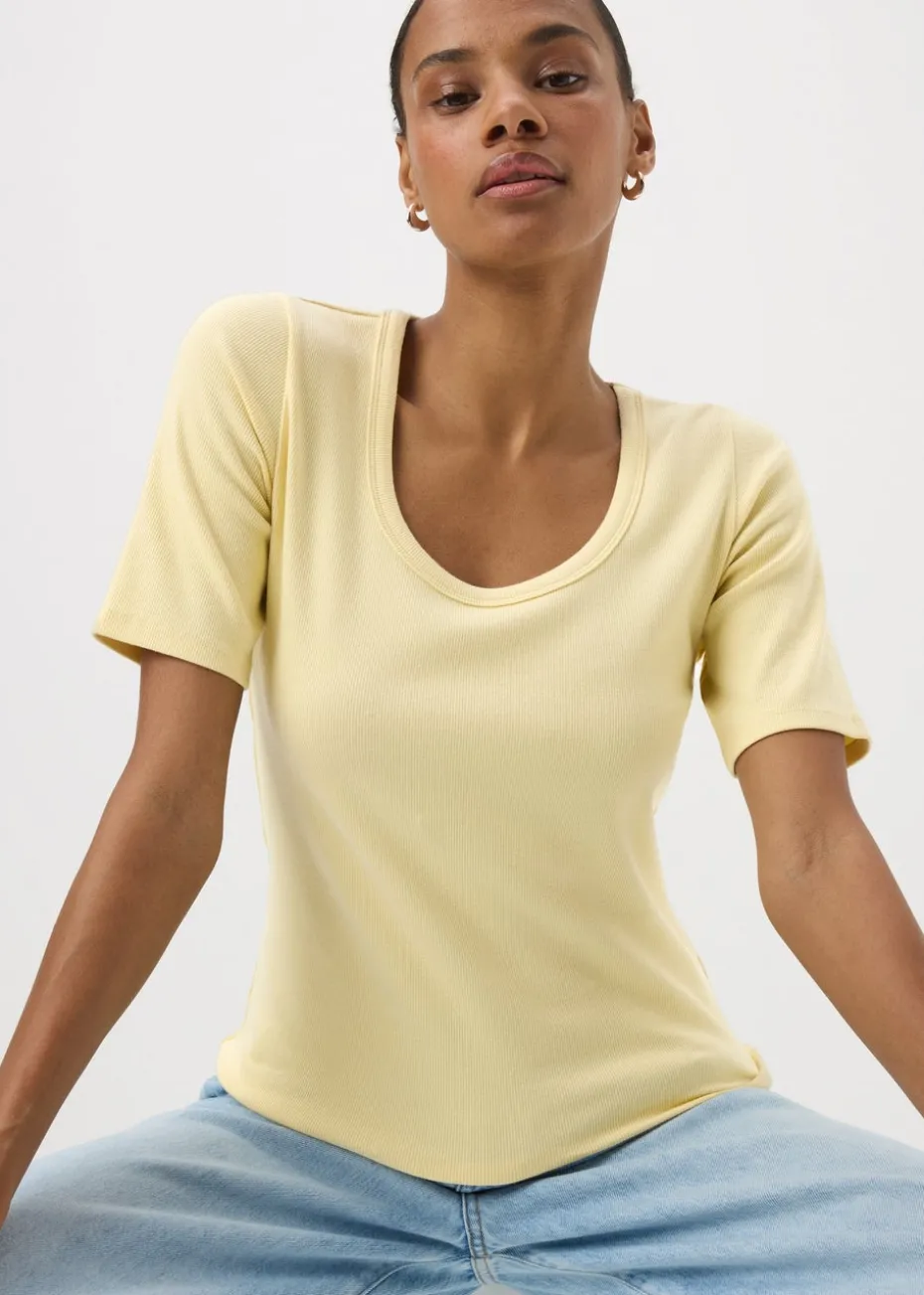Yellow Scoop Neck Ribbed Fitted T-Shirt