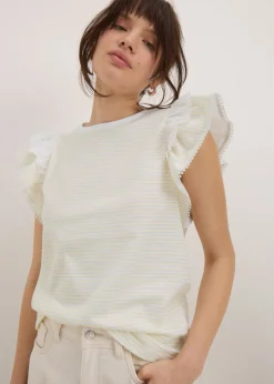 Yellow Stripe Broderie Frill Sleeve T-Shirt