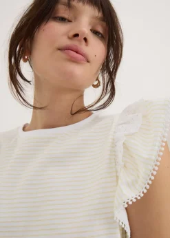 Yellow Stripe Broderie Frill Sleeve T-Shirt