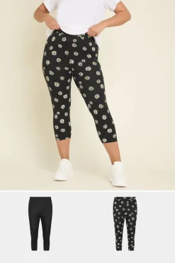 Yours 2 Pack Curve Black Daisy Print Cropped Leggings