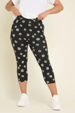 Yours 2 Pack Curve Black Daisy Print Cropped Leggings