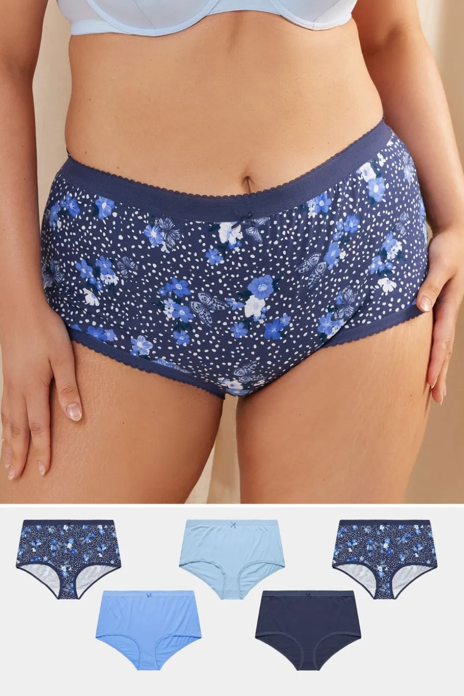 Yours 5 Pack Curve Blue Butterfly Print High Waisted Full Briefs