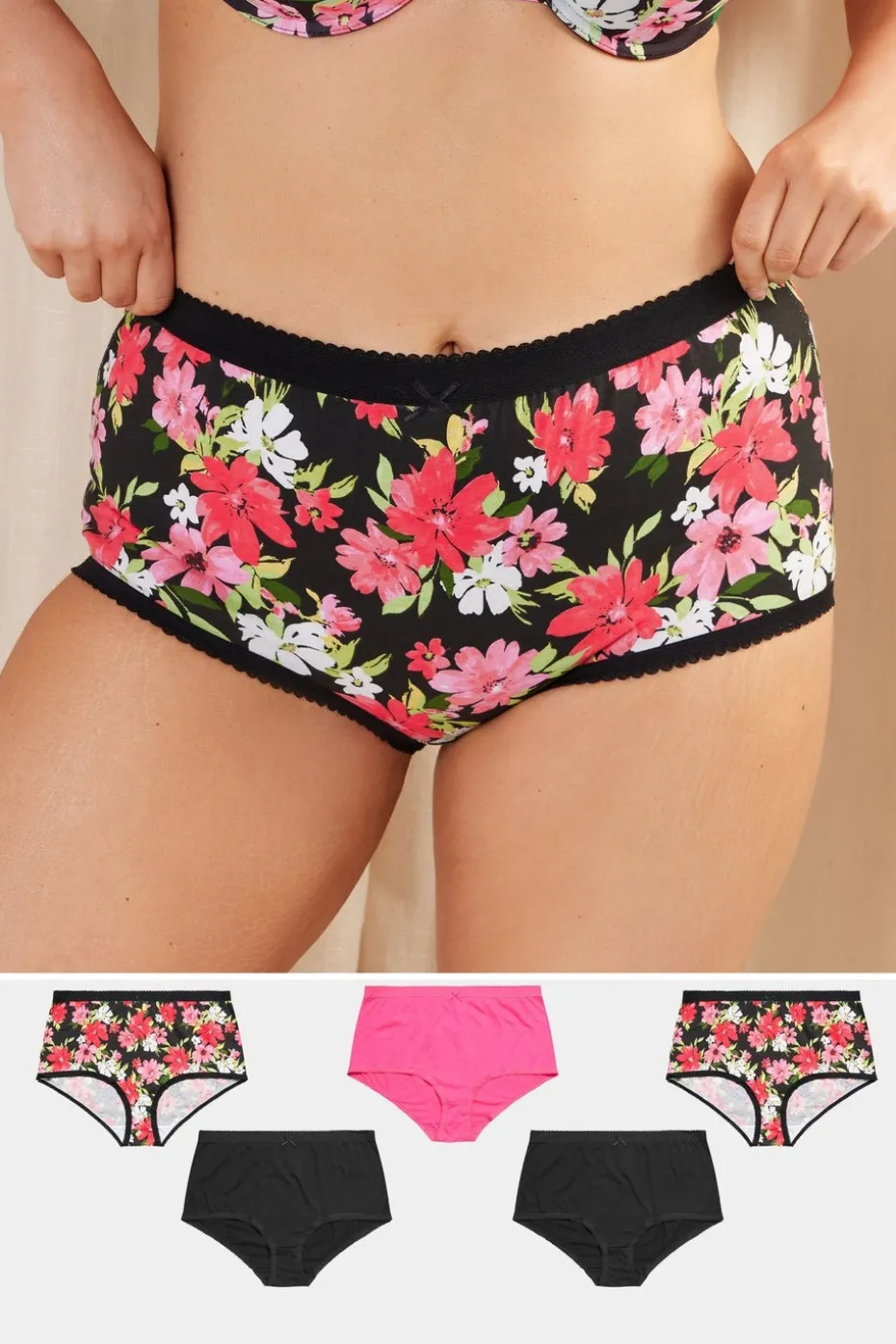 Yours 5 Pack Curve Pink & Black Floral Print High Waisted Full Briefs