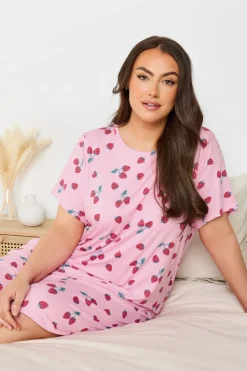 Yours Curve 2 Pack Pink & Grey Fruit Print Soft Touch Nightdresses