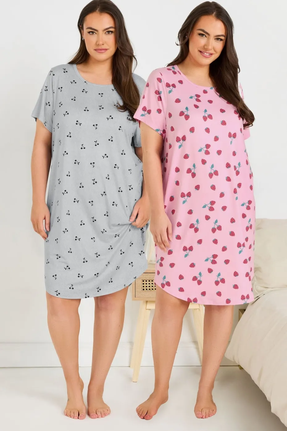 Yours Curve 2 Pack Pink & Grey Fruit Print Soft Touch Nightdresses