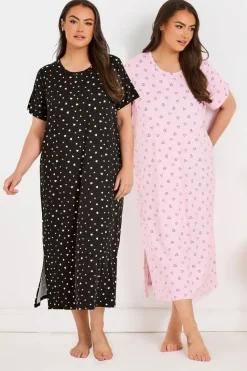 Yours Curve 2 Pack Pink & Black Heart Print Midaxi Nightdresses