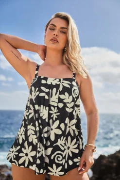 Yours Curve Black Abstract Floral Tankini Top