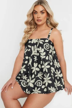 Yours Curve Black Abstract Floral Tankini Top