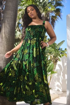 Yours Curve Black & Green Palm Print Shirred Tiered Maxi Dress