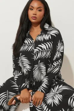 Yours Curve Black & White Palm Print Crinkle Shirt