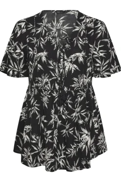 Yours Curve Black & White Palm Print Tie Neck Top