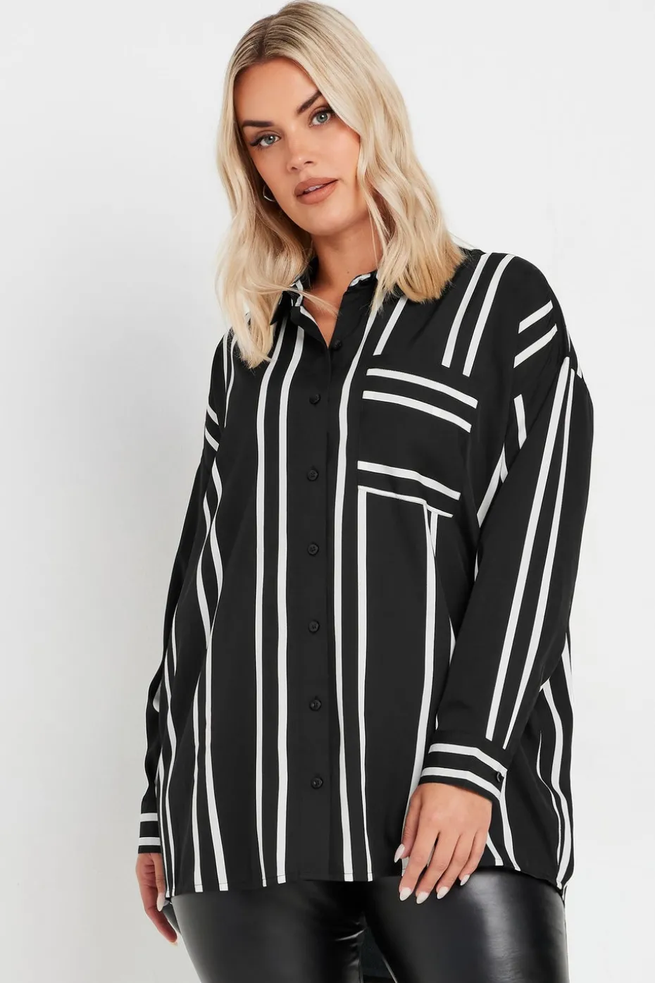 Yours Curve Black & White Stripe Print Oversized Shirt