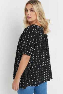 Yours Curve Black & White Dobby Tie Neck Top