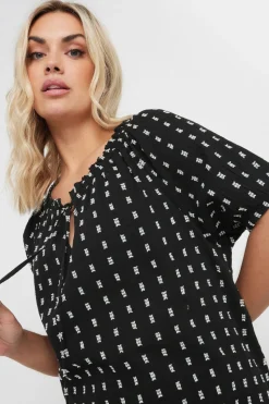 Yours Curve Black & White Dobby Tie Neck Top