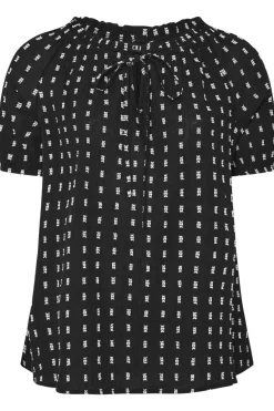Yours Curve Black & White Dobby Tie Neck Top