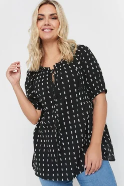 Yours Curve Black & White Dobby Tie Neck Top