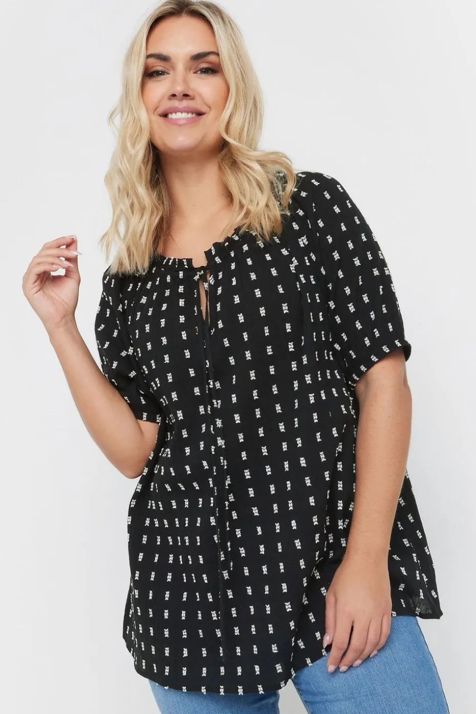 Yours Curve Black & White Dobby Tie Neck Top
