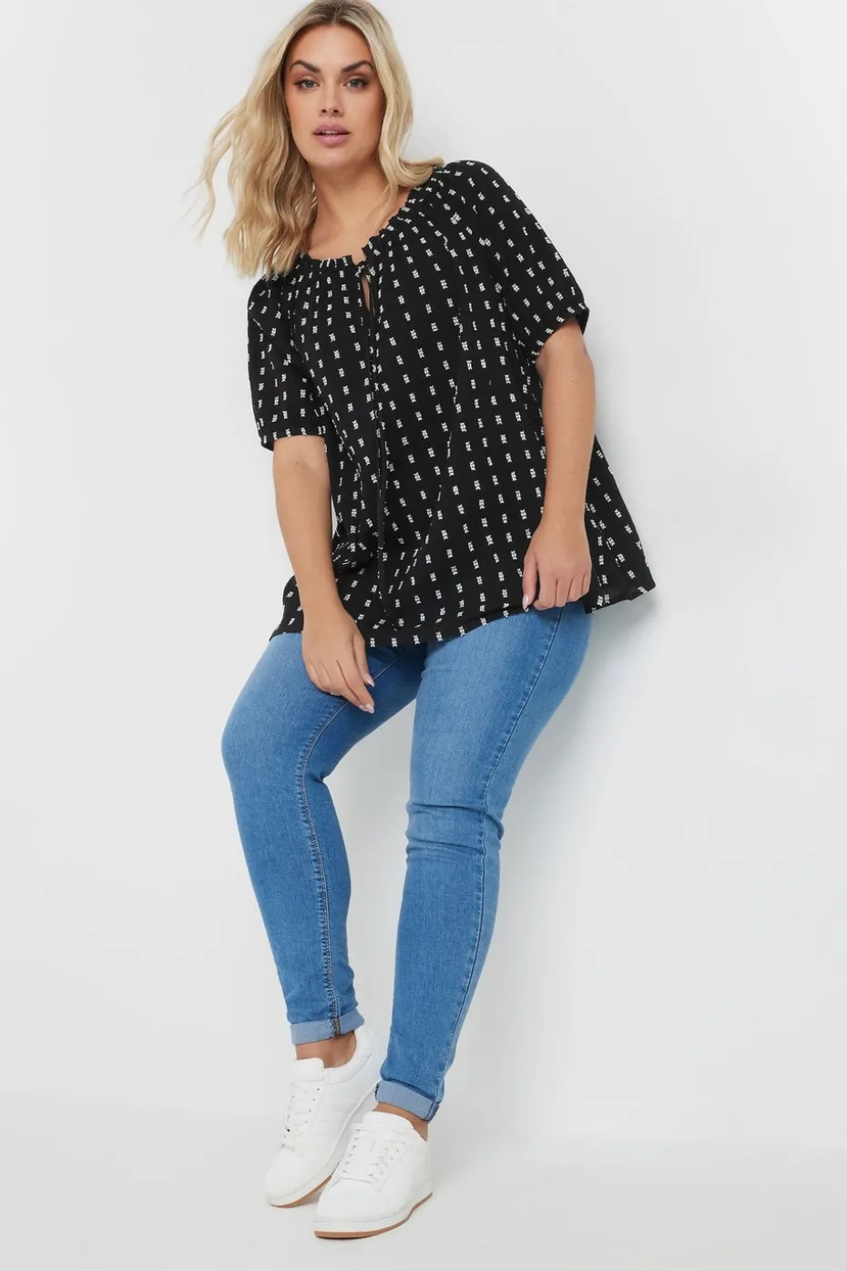 Yours Curve Black & White Dobby Tie Neck Top