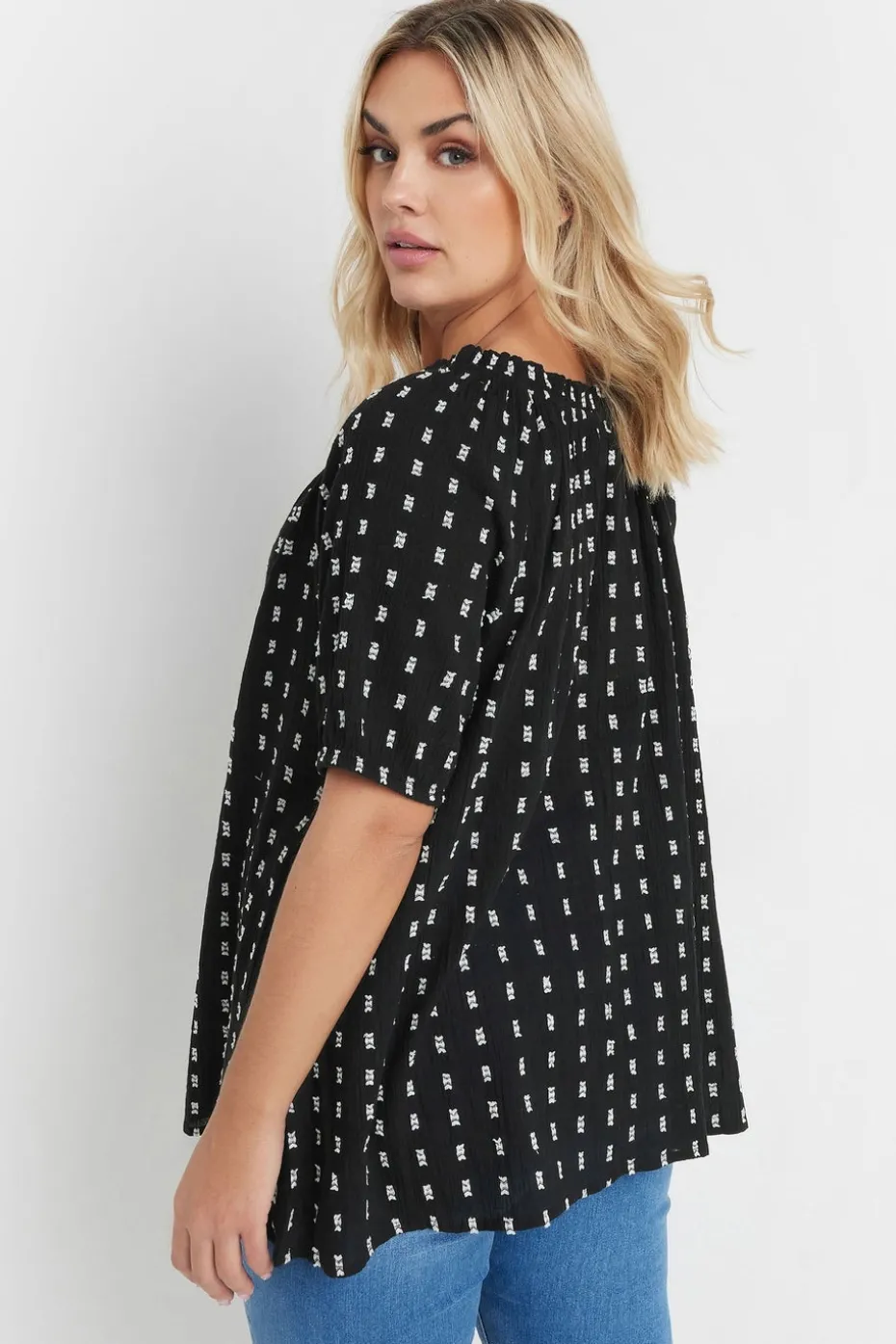 Yours Curve Black & White Dobby Tie Neck Top