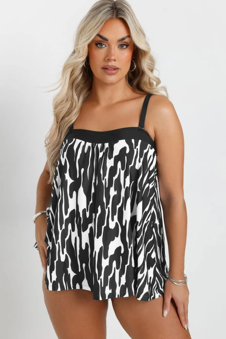 Yours Curve Black & White Abstract Print Tankini Top
