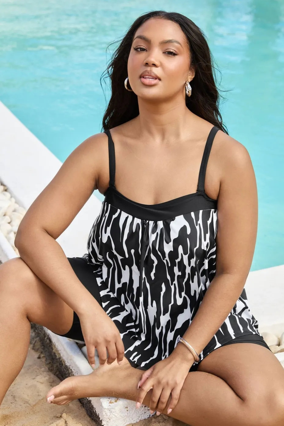 Yours Curve Black & White Abstract Print Tankini Top