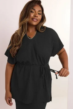 Yours Curve Black Belted Textured Tunic Top