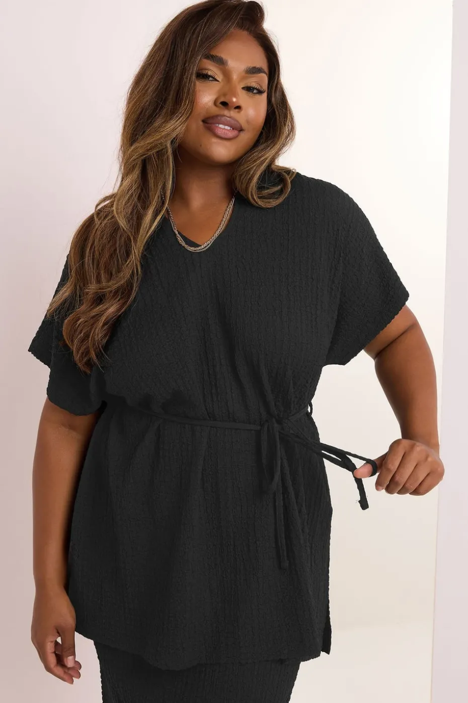 Yours Curve Black Belted Textured Tunic Top
