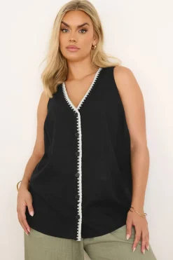 Yours Curve Black Blanket Stitch Linen Vest Top