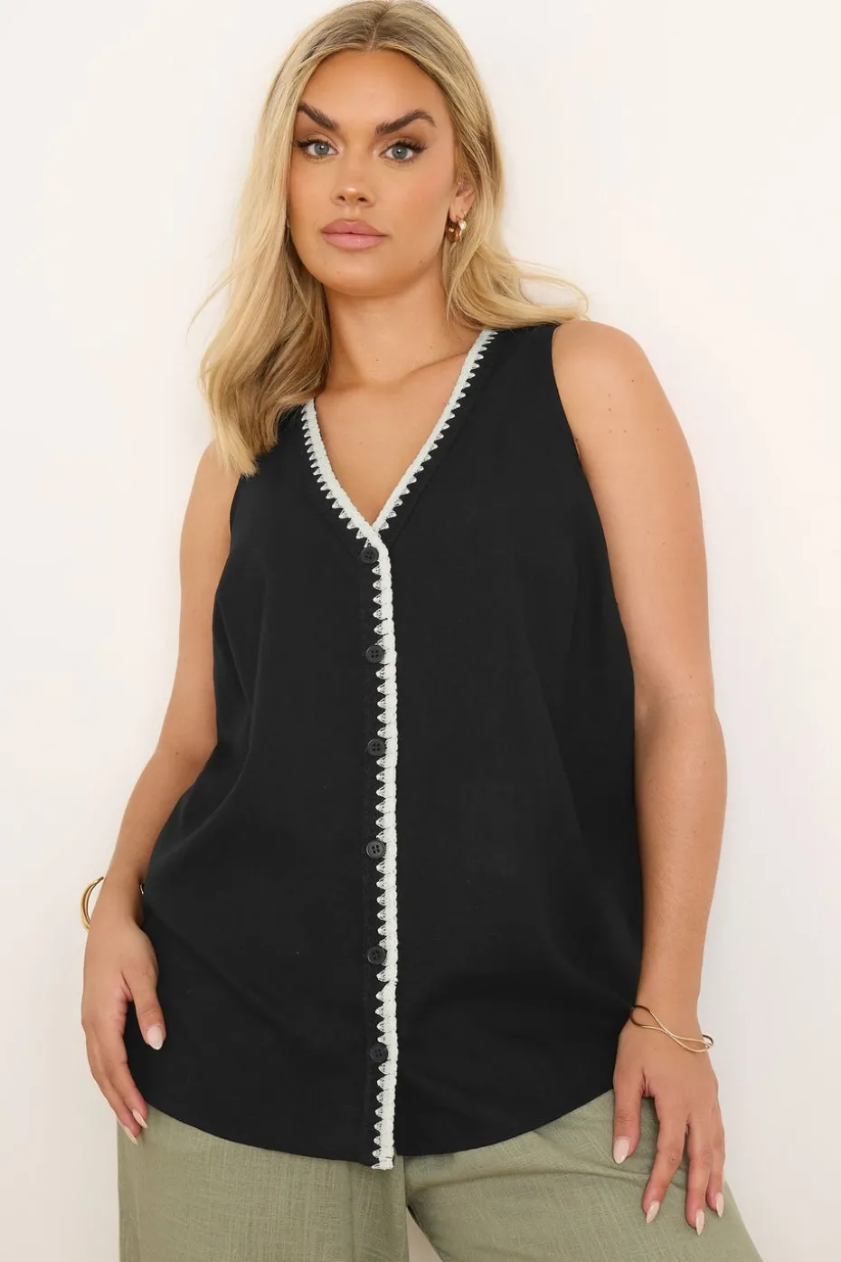 Yours Curve Black Blanket Stitch Linen Vest Top