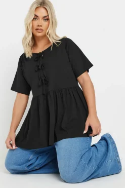 Yours Curve Black Bow Tie Front Peplum Top