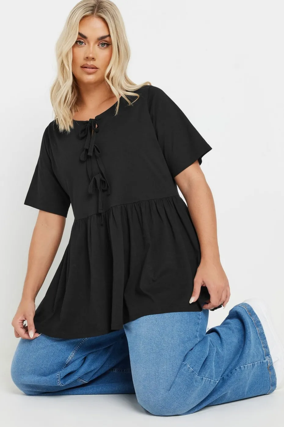 Yours Curve Black Bow Tie Front Peplum Top