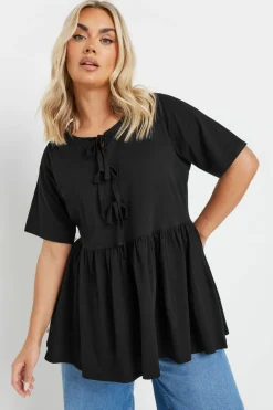 Yours Curve Black Bow Tie Front Peplum Top