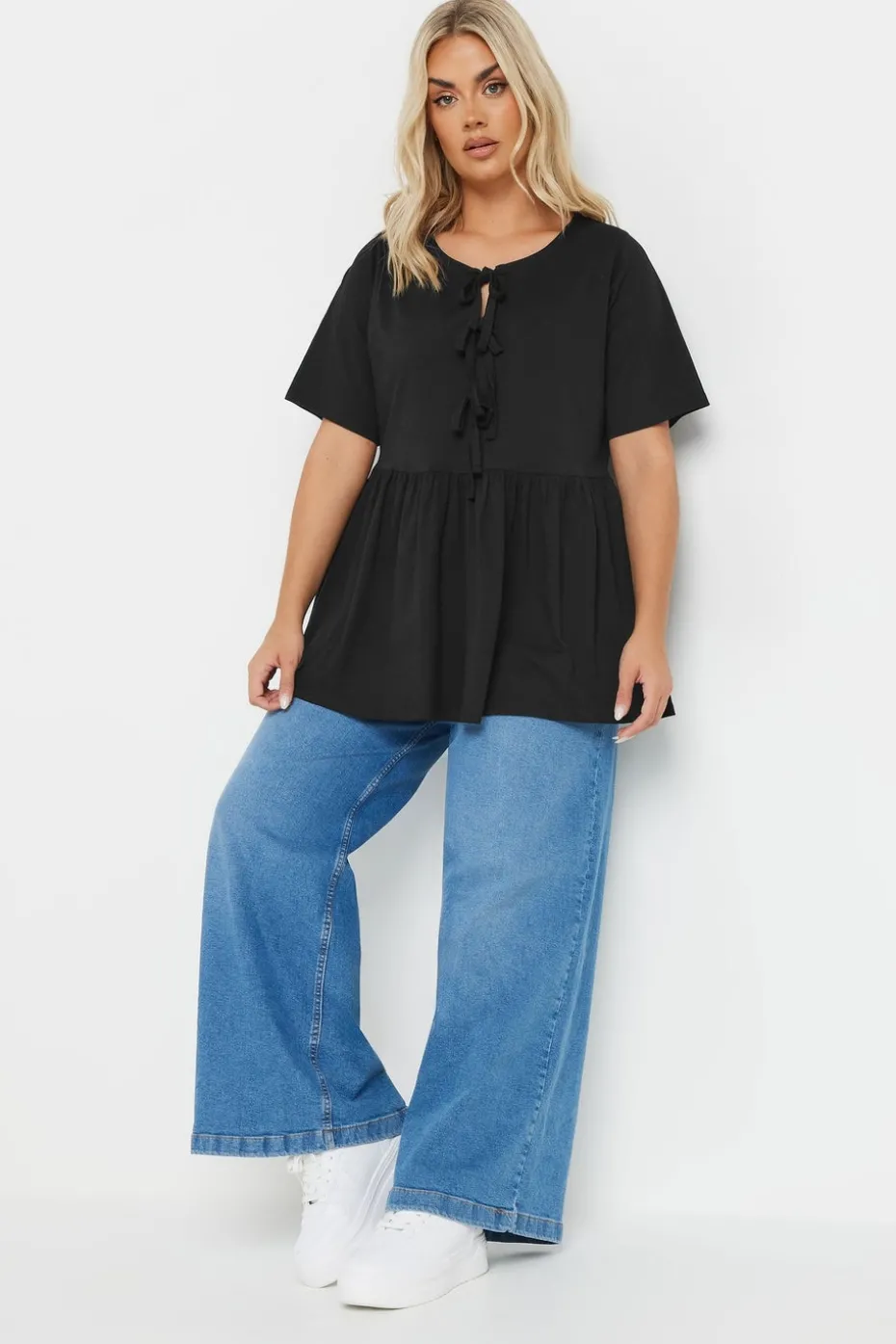 Yours Curve Black Bow Tie Front Peplum Top