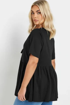 Yours Curve Black Bow Tie Front Peplum Top