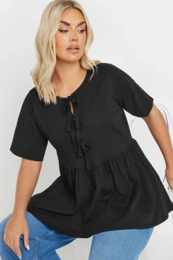 Yours Curve Black Bow Tie Front Peplum Top