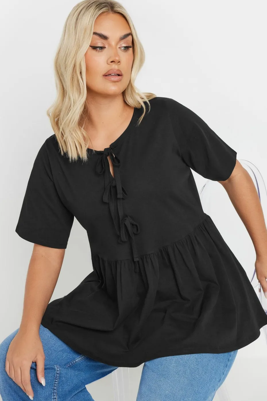 Yours Curve Black Bow Tie Front Peplum Top