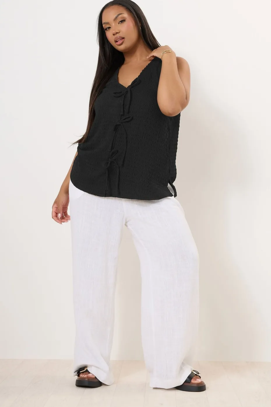 Yours Curve Black Bow Tie Front Textured Waistcoat